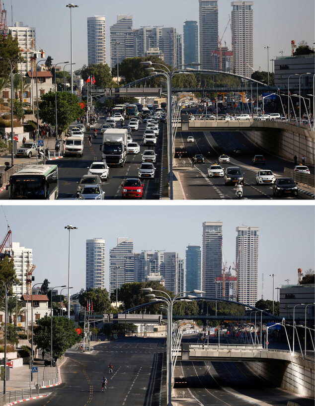כביש ראשי בתל אביב ביום רגיל וביום כיפור (צילום: רויטרס)