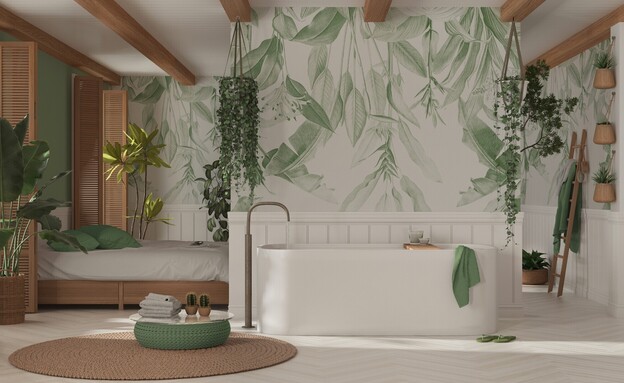 חדר שינה עם שילוב הדפסים של צמחים וצמחייה אמיתית (צילום: Archi_Viz, SHUTTERSTOCK)