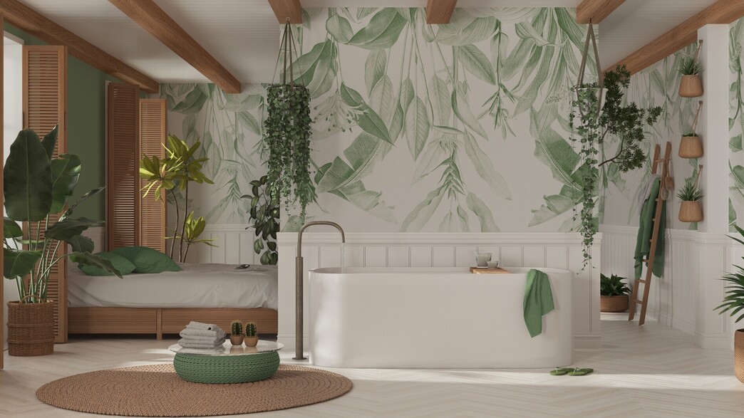 חדר שינה עם שילוב הדפסים של צמחים וצמחייה אמיתית חדר שינה עם שילוב הדפסים של צמחים וצמחייה אמיתית