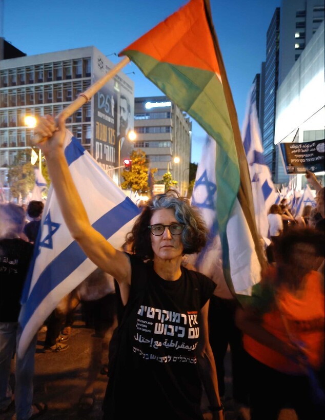 שהם סמיט עם דגל פלסטין בהפגנה (צילום: גיל עמית, n12)