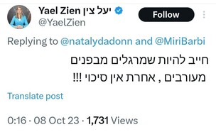 הציוץ ששיתפה יעל צין ובהמשך נמחק (צילום: צילום מסך מתוך טוויטר)