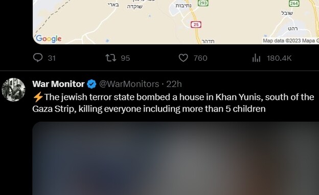 ציוץ אנטי ישראלי של Warmonitors  (צילום: צילום מסך מתוך טוויטר)