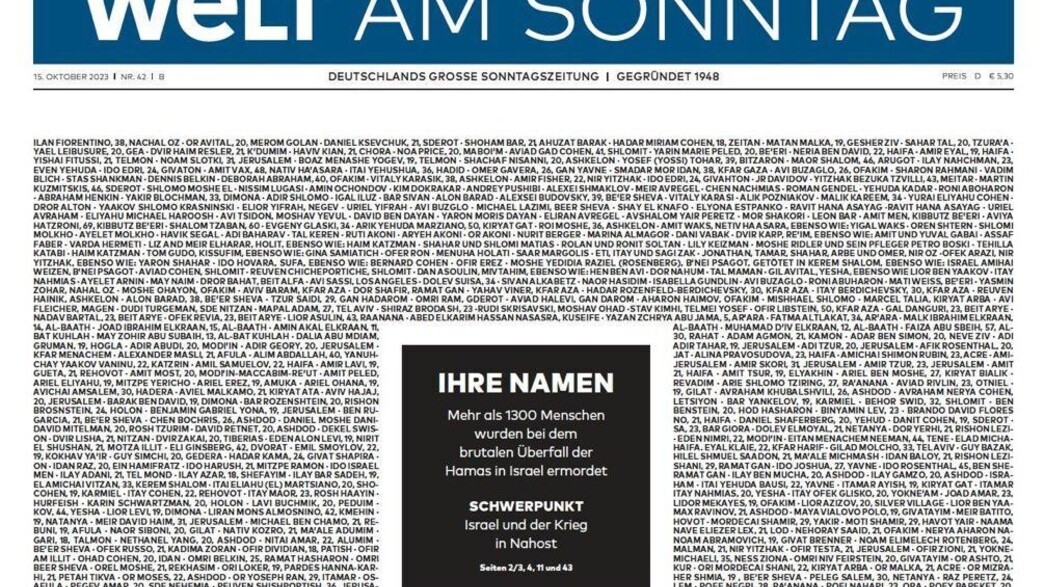 שער ה-Welt am Sonntag הגרמני עם שמות הקורבנות