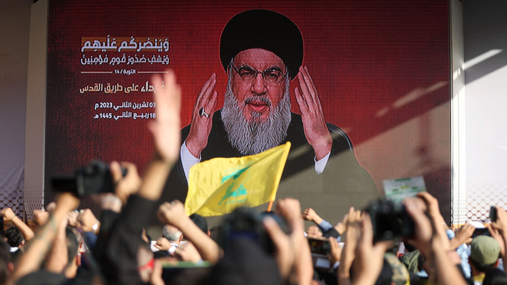 הקרנת נאום מזכ"ל חיזבאללה חסן נסראללה בפרברי ביירו