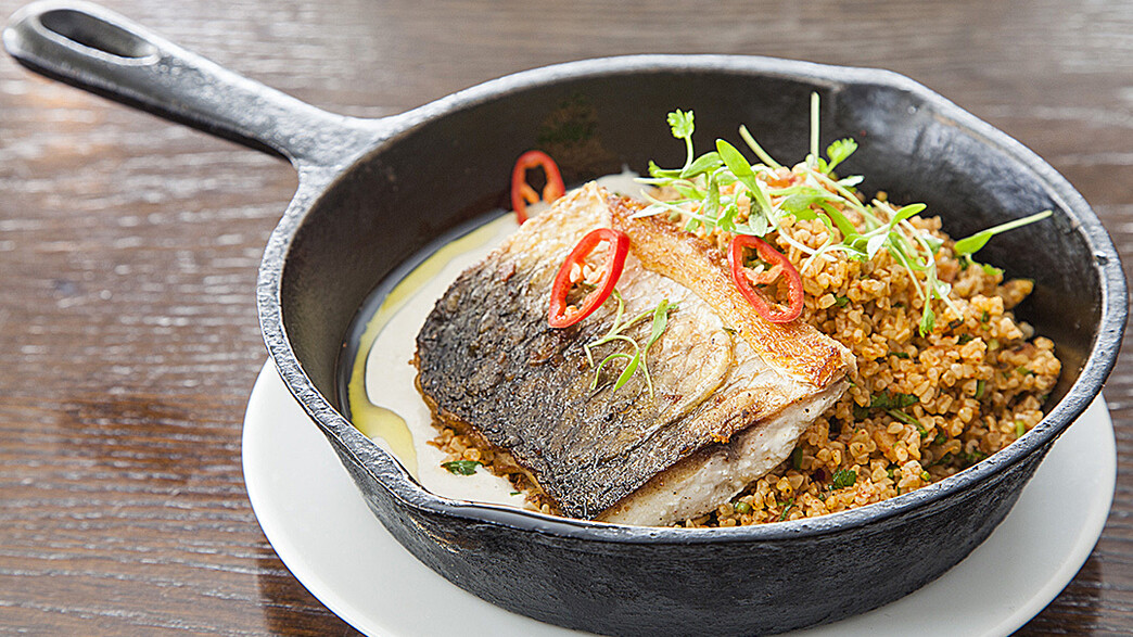 סינייה של פילה בורי, בורגול וטחינה לבנה סינייה של פילה בורי, בורגול וטחינה לבנה