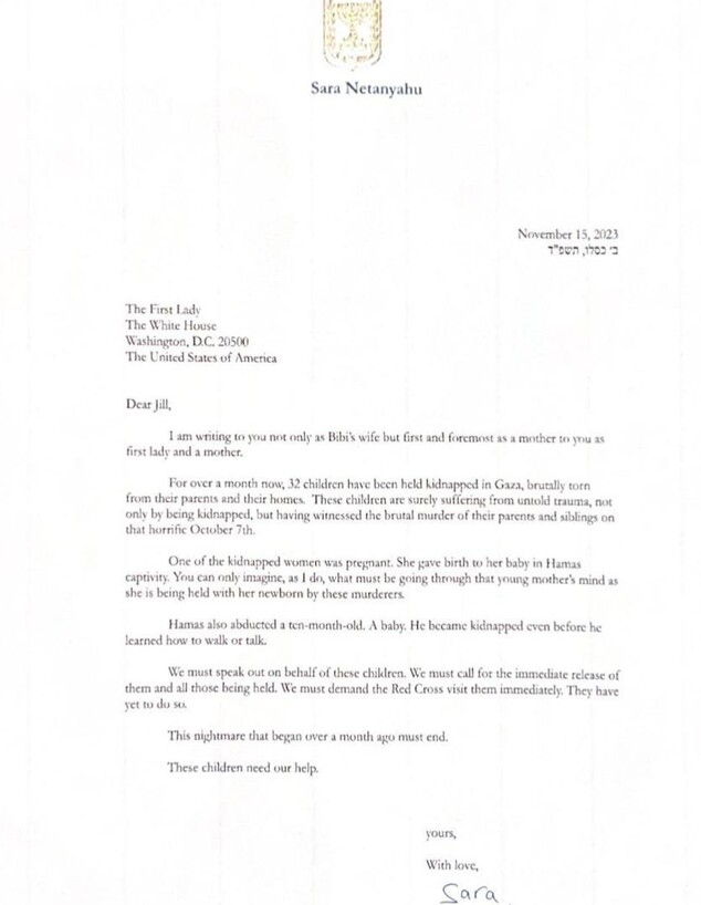 שרה נתניהו מספרת במכתב לג'יל ביידן