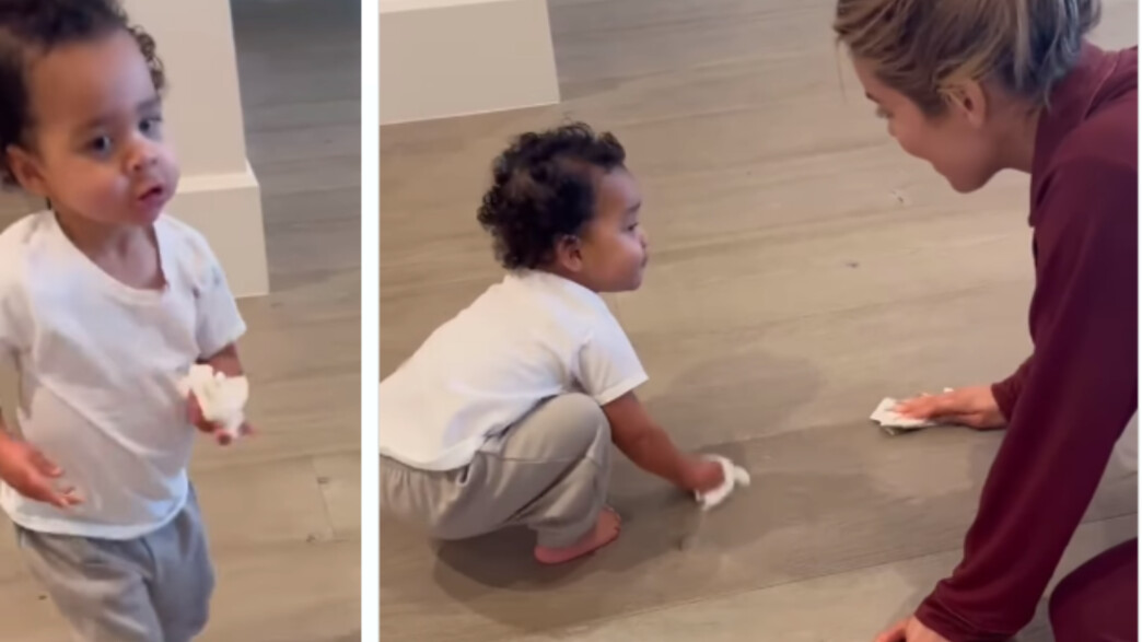 קלואי קרדשיאן מנקה את הרצפה עם הבן טייטום