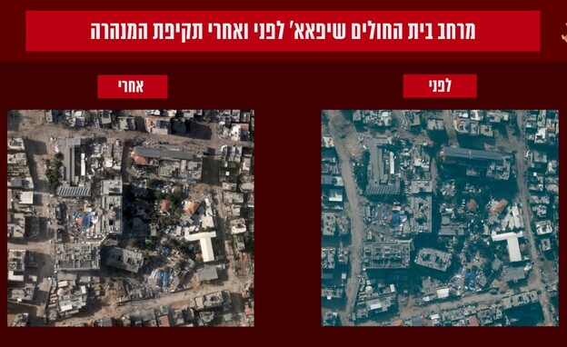 תצלום אוויר של בית החולים שיפאא’ לפני ואחרי השמדת  (צילום: דובר צה