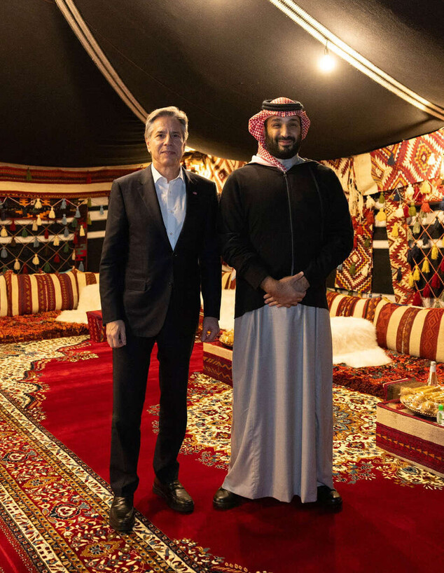 אנתוני בלינקן בפגישה עם מוחמד בן סלמאן בסעודיה (צילום: Chuck Kennedy/Department of State/Anadolu via Getty Images)