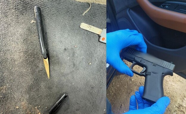 אקדח וסכין שנתפסו על ידי המשטרה מחוץ לכלא