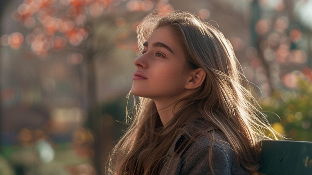 בחורה יושבת על ספסל באביב