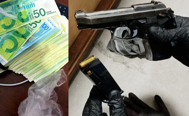 אמל"ח וכסף שנתפס אצל החשודים (צילום: דוברות המשטרה)