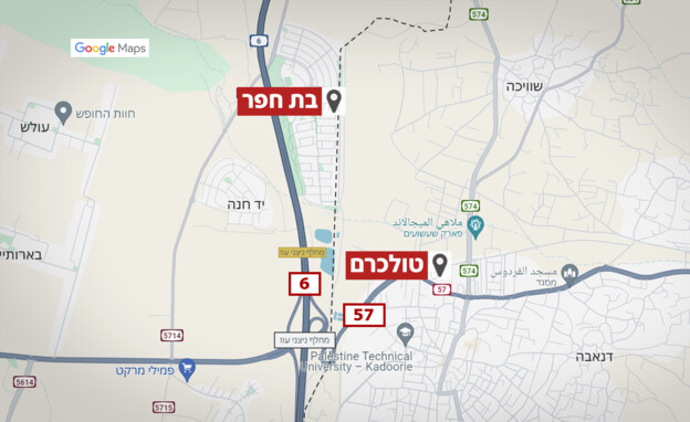 מפת היישוב בת חפר ועל ידה טול כרם (צילום: googel map)