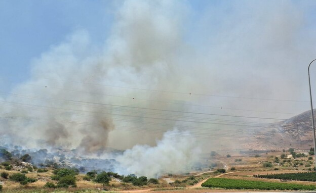 שריפות בעקבות מטח הטילים בגליל (צילום: TPS)