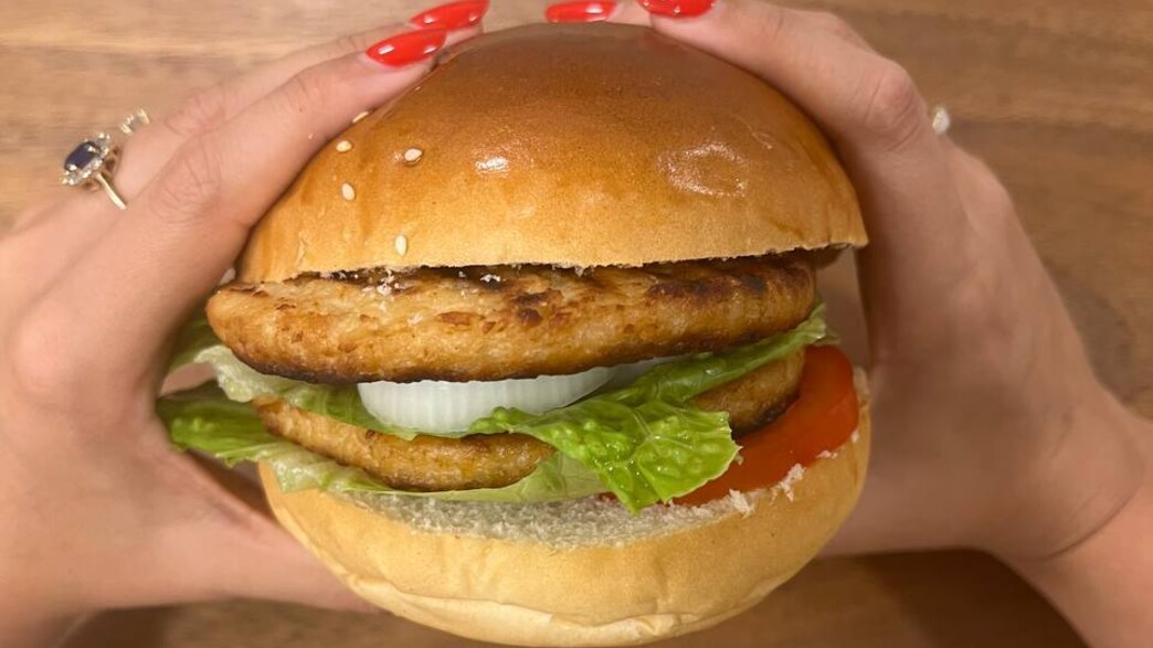 המבורגר עוף טבעוני בלחמנייה. עובד פגז המבורגר עוף טבעוני בלחמנייה. עובד פגז