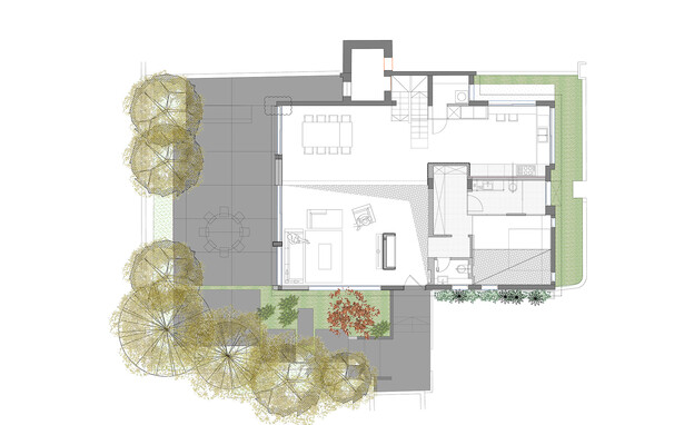 בית ברעננה עיצוב רוני פרידמן תכנית קומת קרקע - 30 (שרטוט: רוני פרידמן)