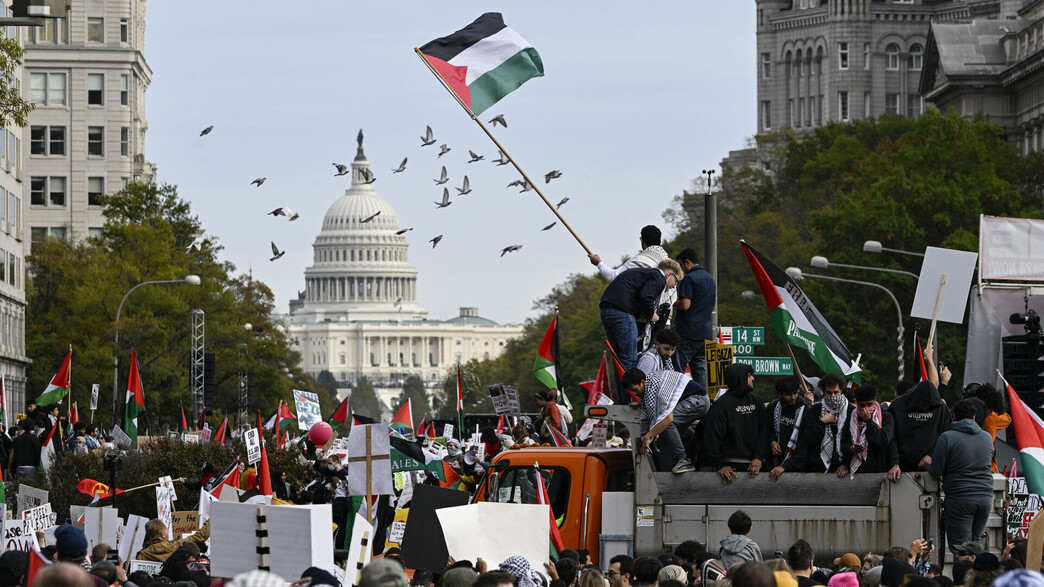 מפגינים פרו-פלסטינים מול הקונגרס בוושינגטון (צילום: Celal Gunes/Anadolu via Getty Images)