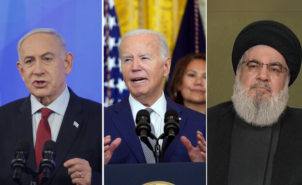 חסן נסראללה, ג'ו ביידן ובנימין נתניהו (צילום: NIMROD KLIKMAN, פלאש 90, AP)