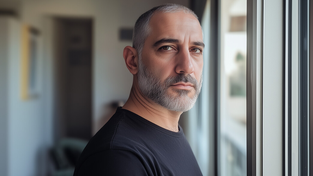 גבר עומד ליד החלון בבית