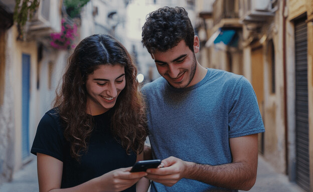 זוג מתעדכן בחדשות באפליקציה בסופ