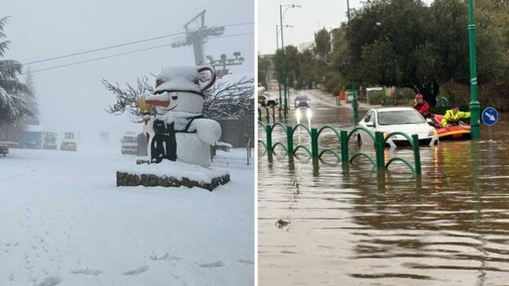 הצפות בחדרה, שלג בחרמון (צילום: כבאות והצלה חדרה, אתר החרמון)