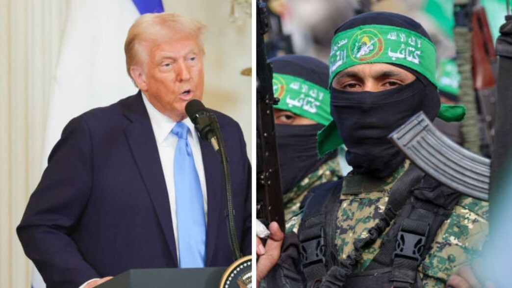 מחבלי חמאס, טראמפ (צילום:  BRYAN DOZIER/Middle East Images | OMAR AL-QATTAA/AFP via Getty Images)