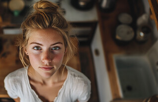 אישה עומדת במטבח (AI: mako)