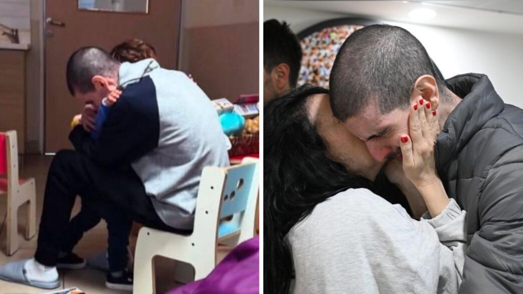 אור לוי ובנו אלמוג בפגישה הראשונה לאחר שחרורו