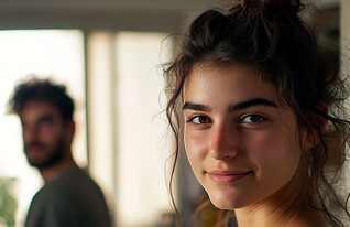 אישה צעירה עומדת במטבח, בן זוגה ברקע (AI: mako)