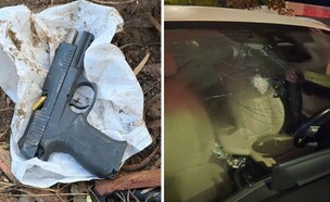 הרכב שנפגע והאקדח שנתפס (צילום: דוברות המשטרה)