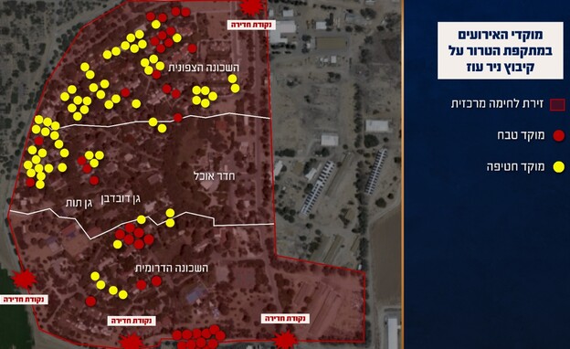 מוקדי האירועים במהלך מתקפת הטרור על קיבוץ ניר עוז