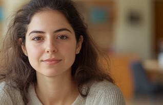 אישה יושבת במטבח ומסתכלת למצלמת (AI: mako)
