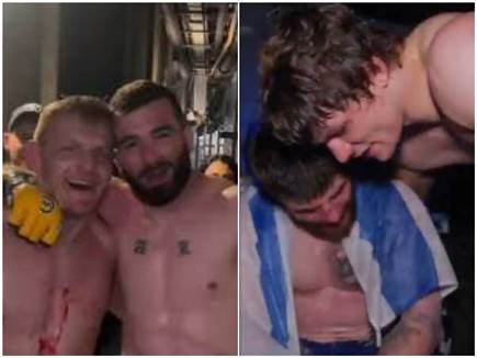 פצועים ומחובקים. הרגע המרגש של האחים הארונוב (צילום: ספורט 5)