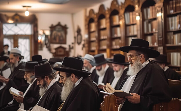 מתפללים בבית הכנסת בכניסת שבת (AI: mako) מתפללים בבית הכנסת בכניסת שבת (AI: mako)