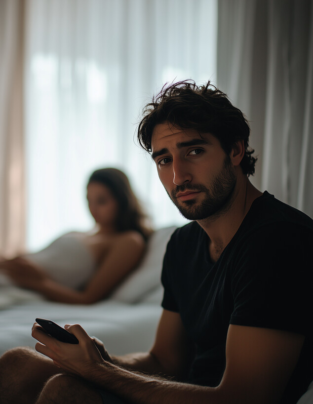 גבר מחזיק טלפון ומסתכל למצלמה