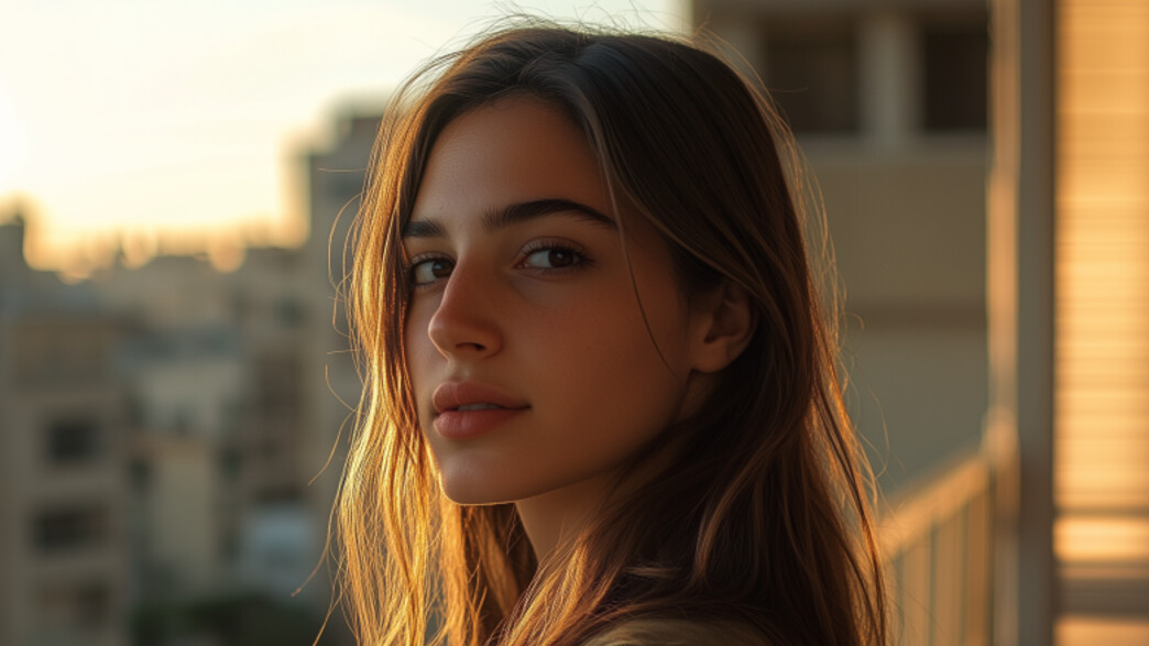 אישה עומדת על מרפסת מסתכלת למצלמה