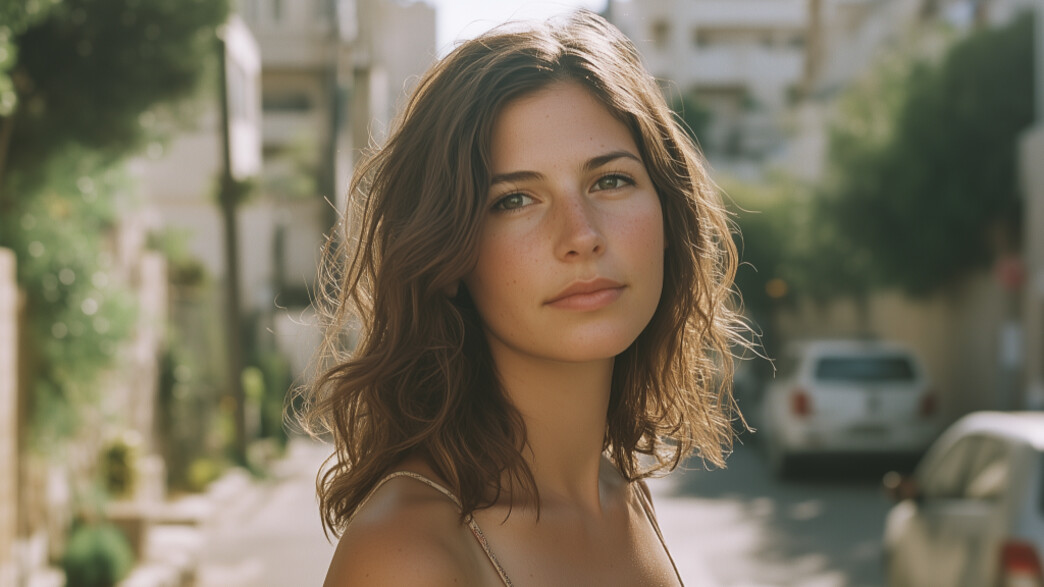 אישה עומדת ברחוב ומסתכלת למצלמה