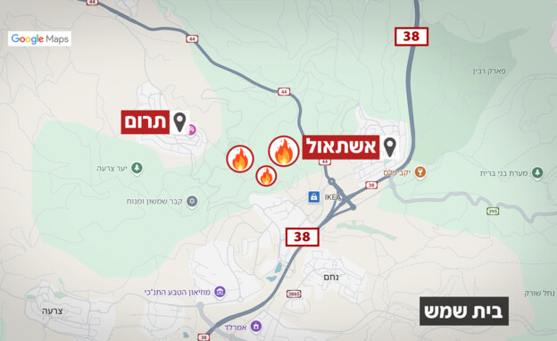 אזורי השריפות בסמוך לבית שמש (צילום: Google maps)