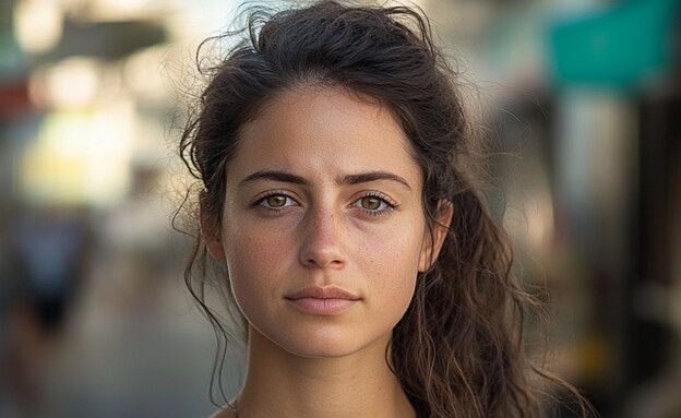אישה צעירה עומדת ברחוב ומסתכלת למצלמה (AI: mako)
