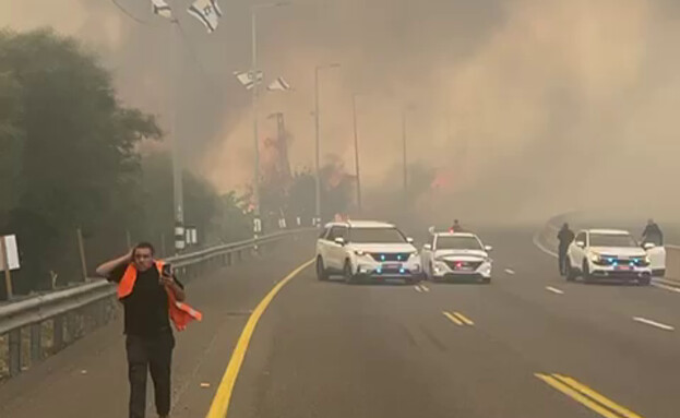 אנשים נוטשים את רכבם בכביש 1 בעקבות השרפה בהרי ירושלים