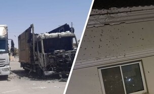 מימין: הבית שנפגע מטיל לאו, המשאית שהוצתה בדימונה