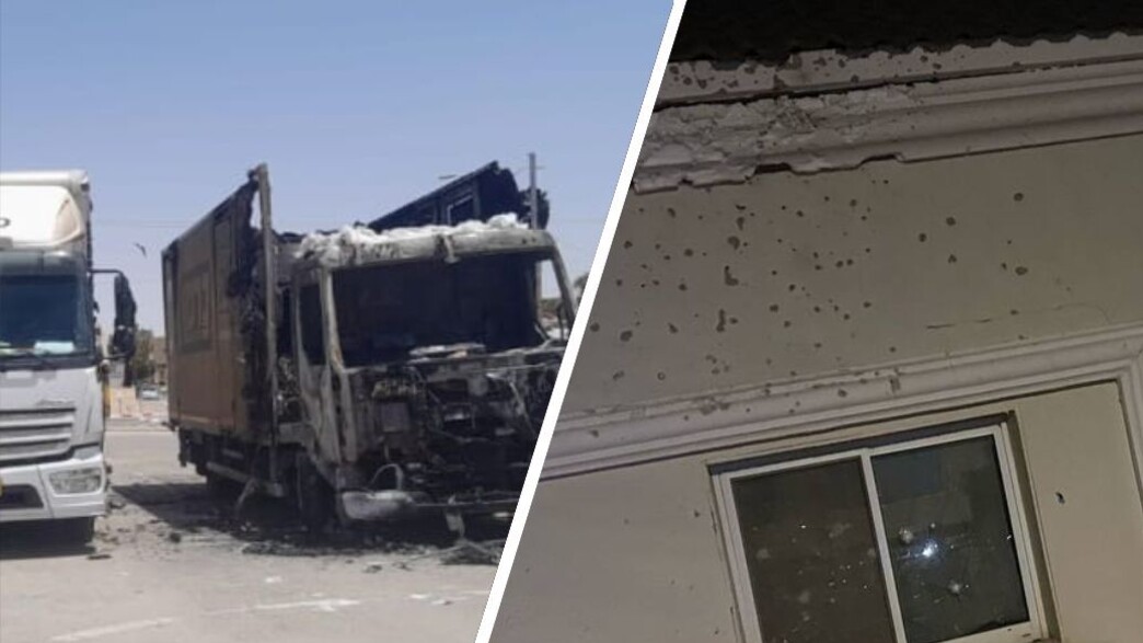 מימין: הבית שנפגע מטיל לאו, המשאית שהוצתה בדימונה