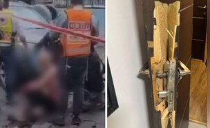 מימין: דלת החדר לאחר הפריצה, זירת הרצח בנתניה