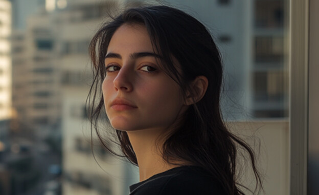 אישה עומדת על מרפסת ומסתכלת למצלמה (AI: mako)