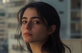 אישה עומדת על מרפסת ומסתכלת למצלמה (AI: mako)