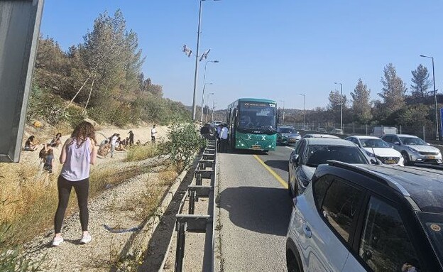 רכבים עוצרים בכביש 1 בעקבות האזעקות (צילום: שימוש לפי סעיף 27א' לחוק זכויות יוצרים)