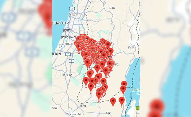האזורים בהם הופעלו אזעקות בעקבות הירי מתימן