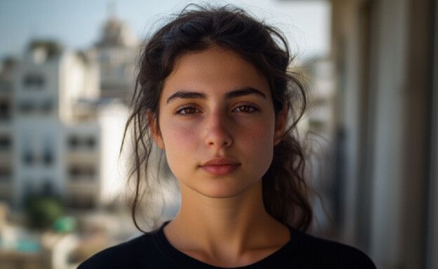 צעירה עומדת על מרפסת ומסתכלת למצלמה (AI: mako)