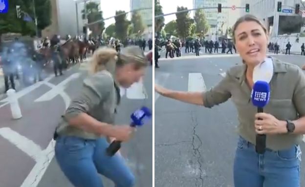 כתבת אוסטרלית נפגעת מירי במהומות בלוס אנג'לס (צילום: 9news)