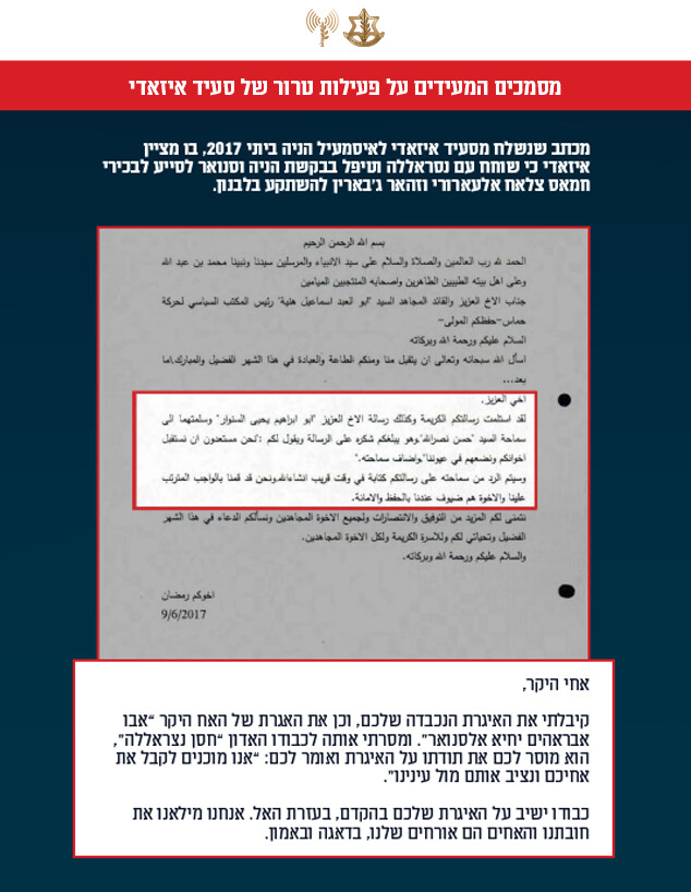 מסמכים המעידים על פעילות טרור של סעיד איזאדי (צילום: דובר צה